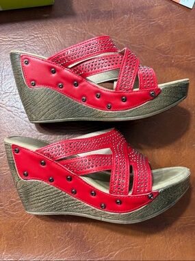 Patrizia by Spring Step Red Studded Wedge Sandals - Women. 8.5 in box
